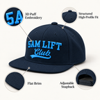 A dark navy blue snapback cap with bright blue embroidered text reading 'SAM LIFT Club' on the front. The image includes callout circles highlighting product features: 3D puff embroidery, structured high-profile fit, flat brim, and adjustable snapback.